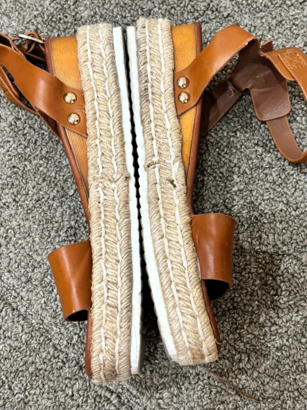 Woolworths Cognac Leather Ankle Strap Espadrille Platform Wedge Sandals